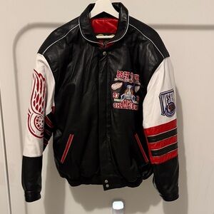 Black and White Leather Jacket with Red Accents